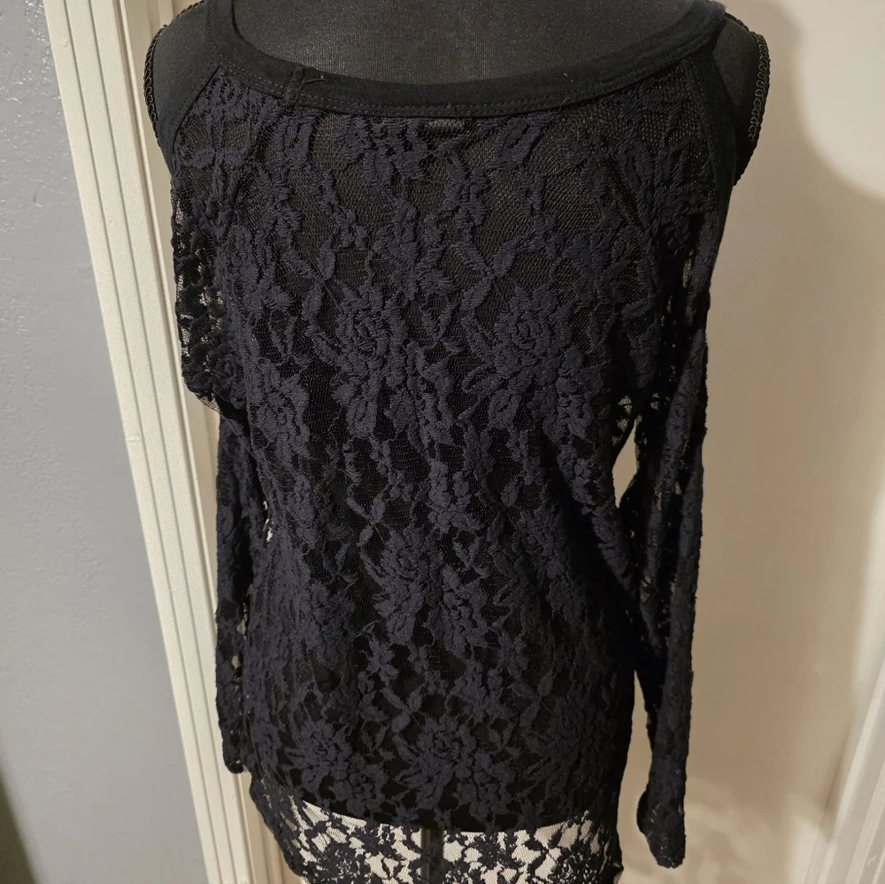 Lucy Love Black Lace Mesh Cold Shoulder Top Size XS